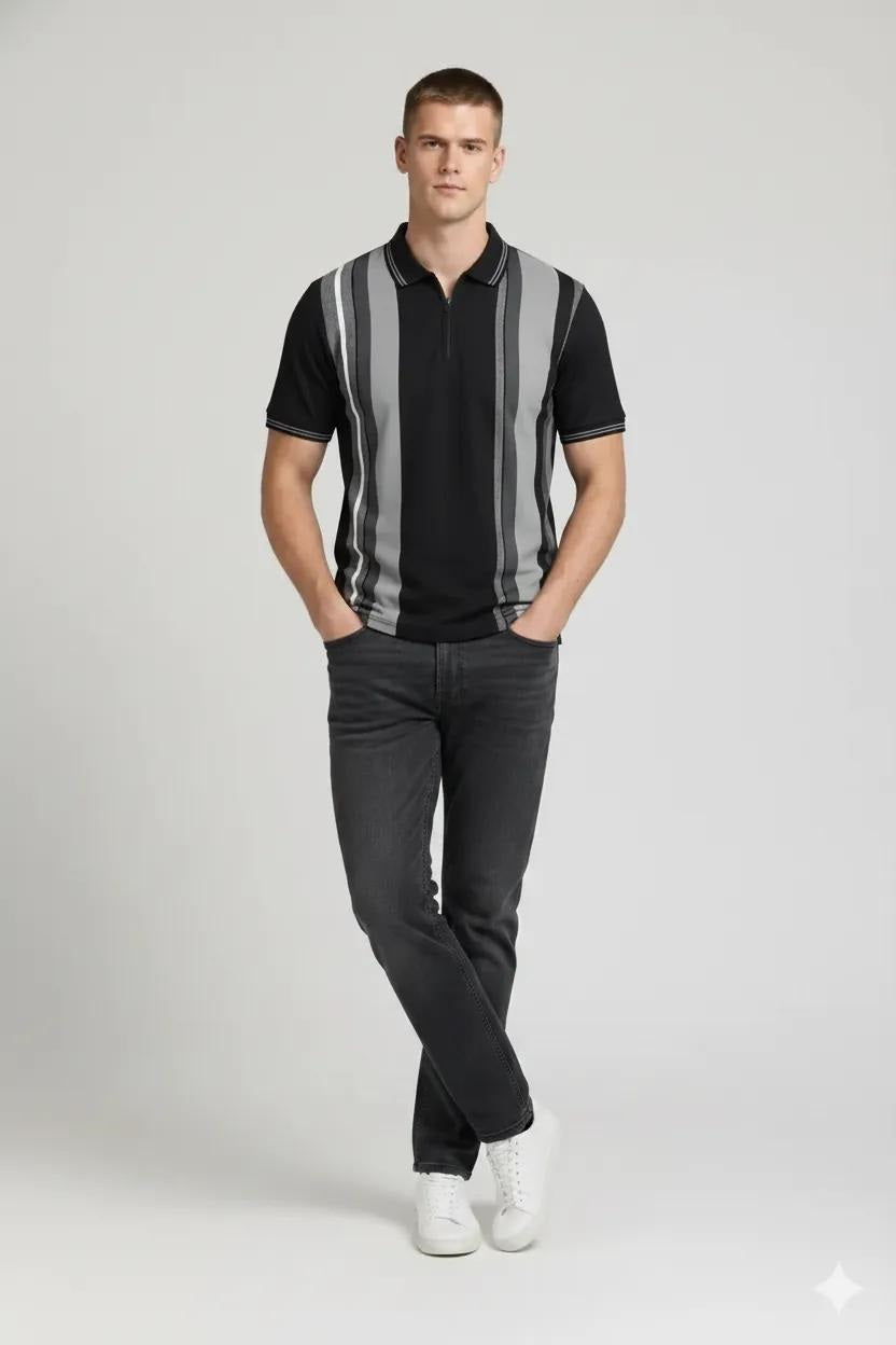 Men Black Colourblocked Polo Collar T-shirt