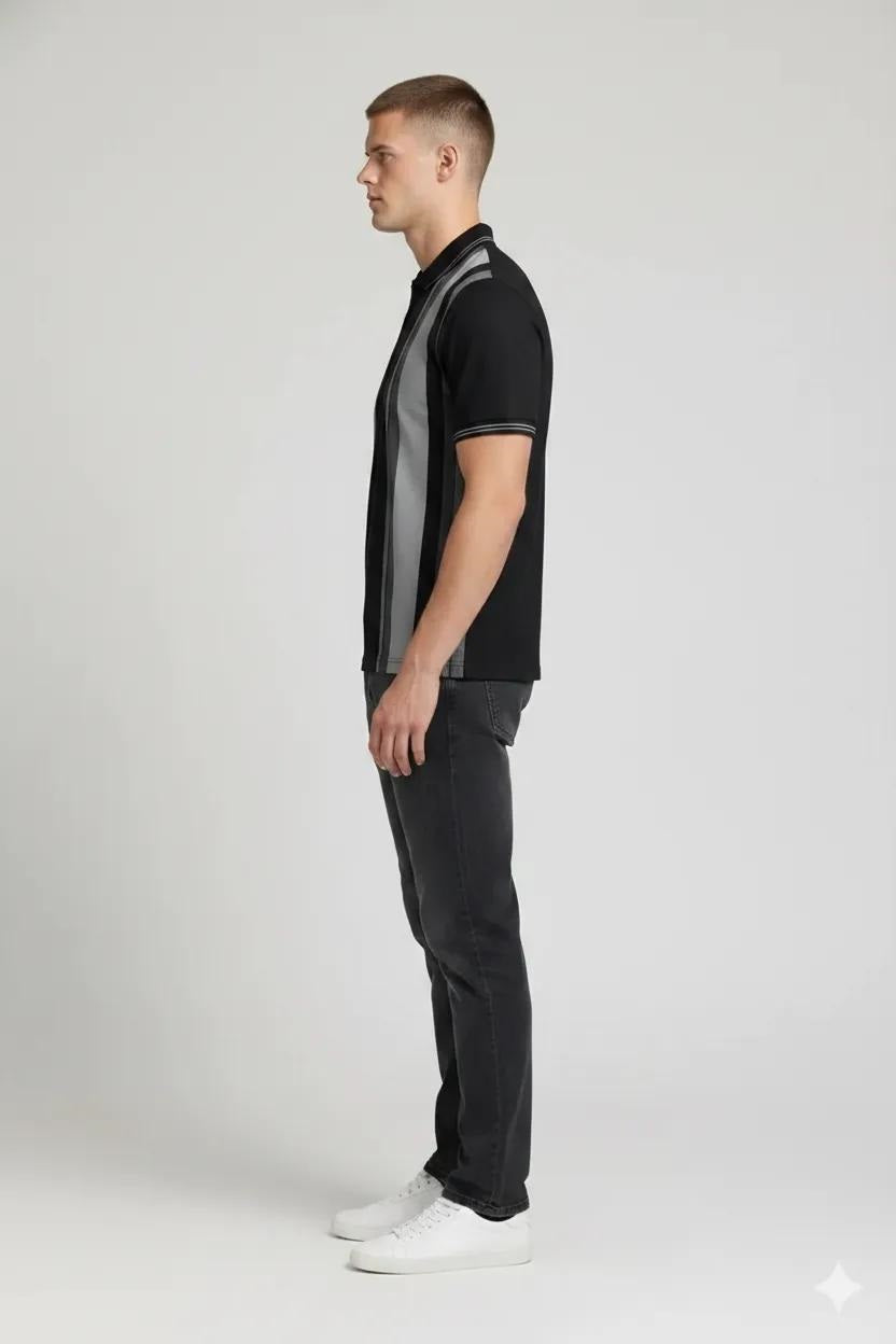 Men Black Colourblocked Polo Collar T-shirt
