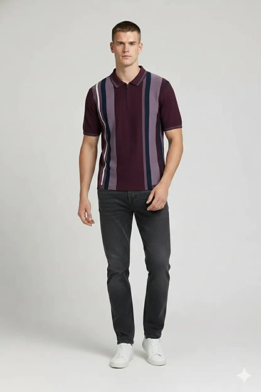 Men Wine Striped Polo Collar T-shirt