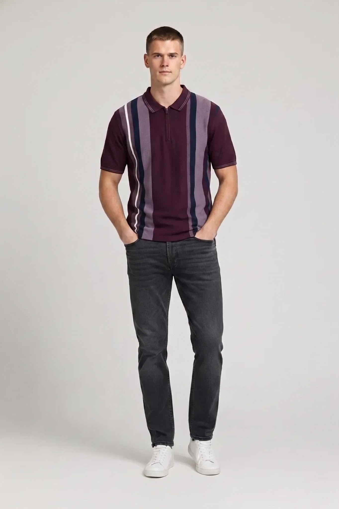 Men Wine Striped Polo Collar T-shirt