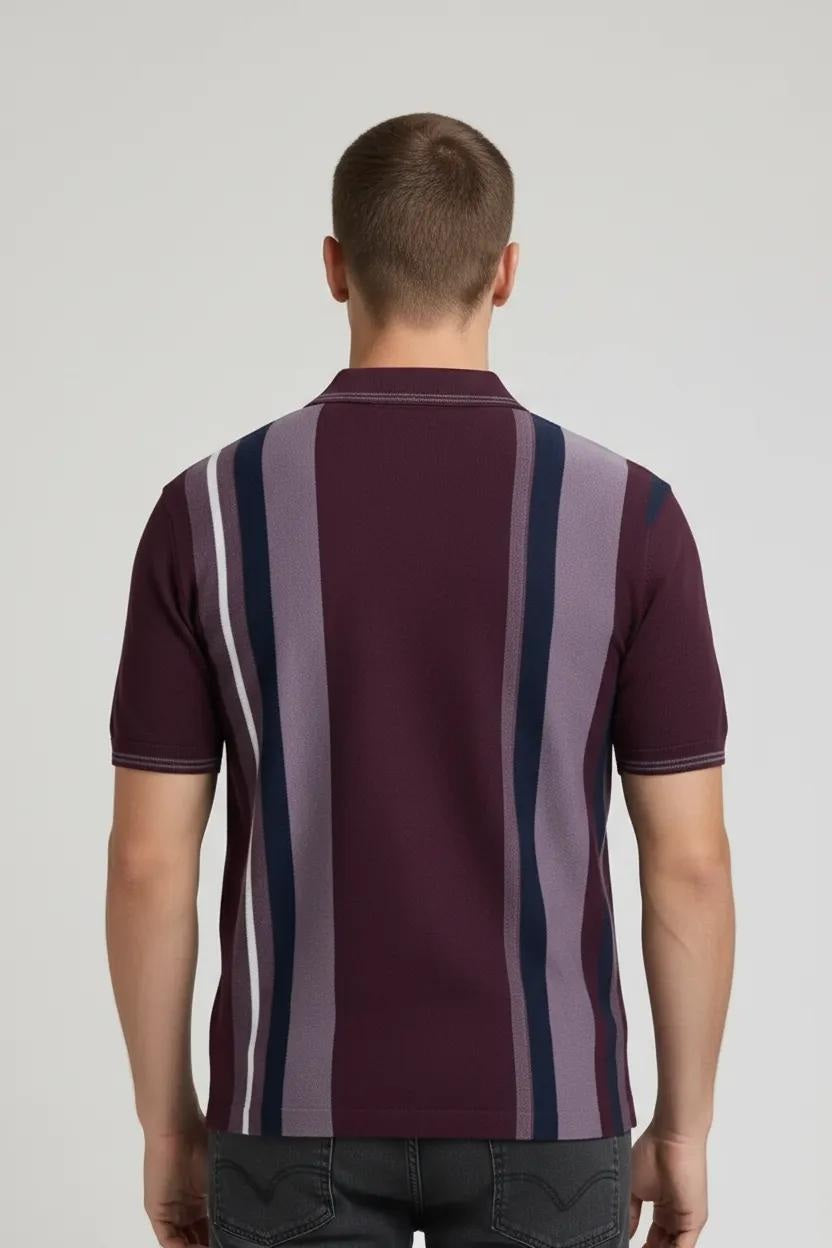 Men Wine Striped Polo Collar T-shirt