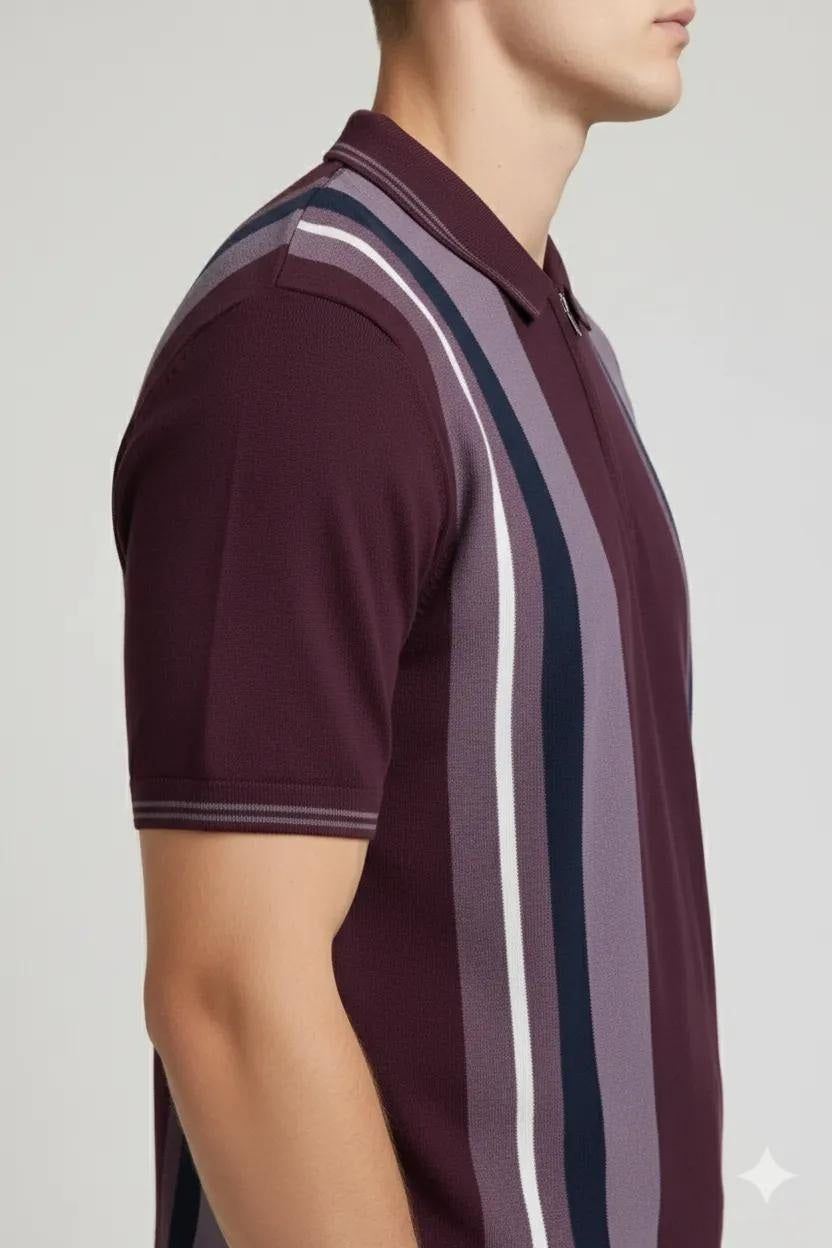 Men Wine Striped Polo Collar T-shirt