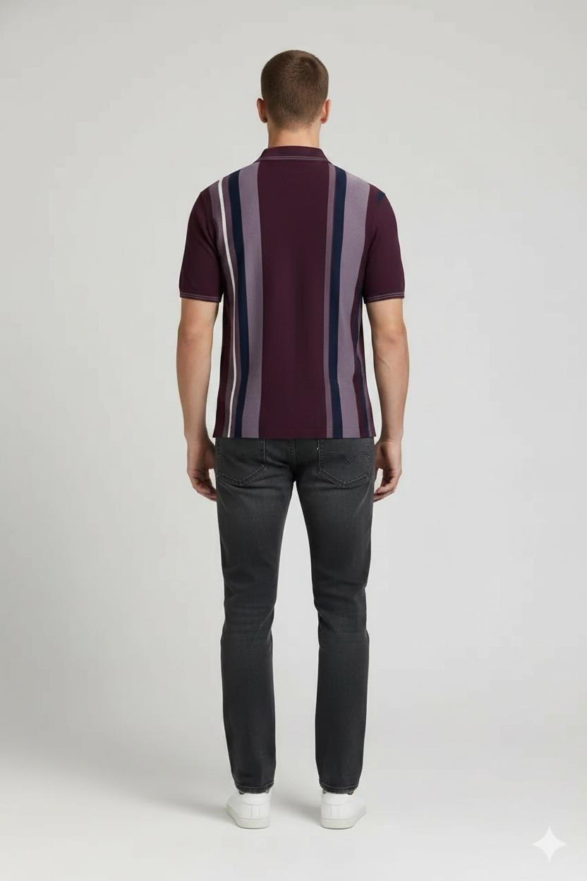 Men Wine Striped Polo Collar T-shirt
