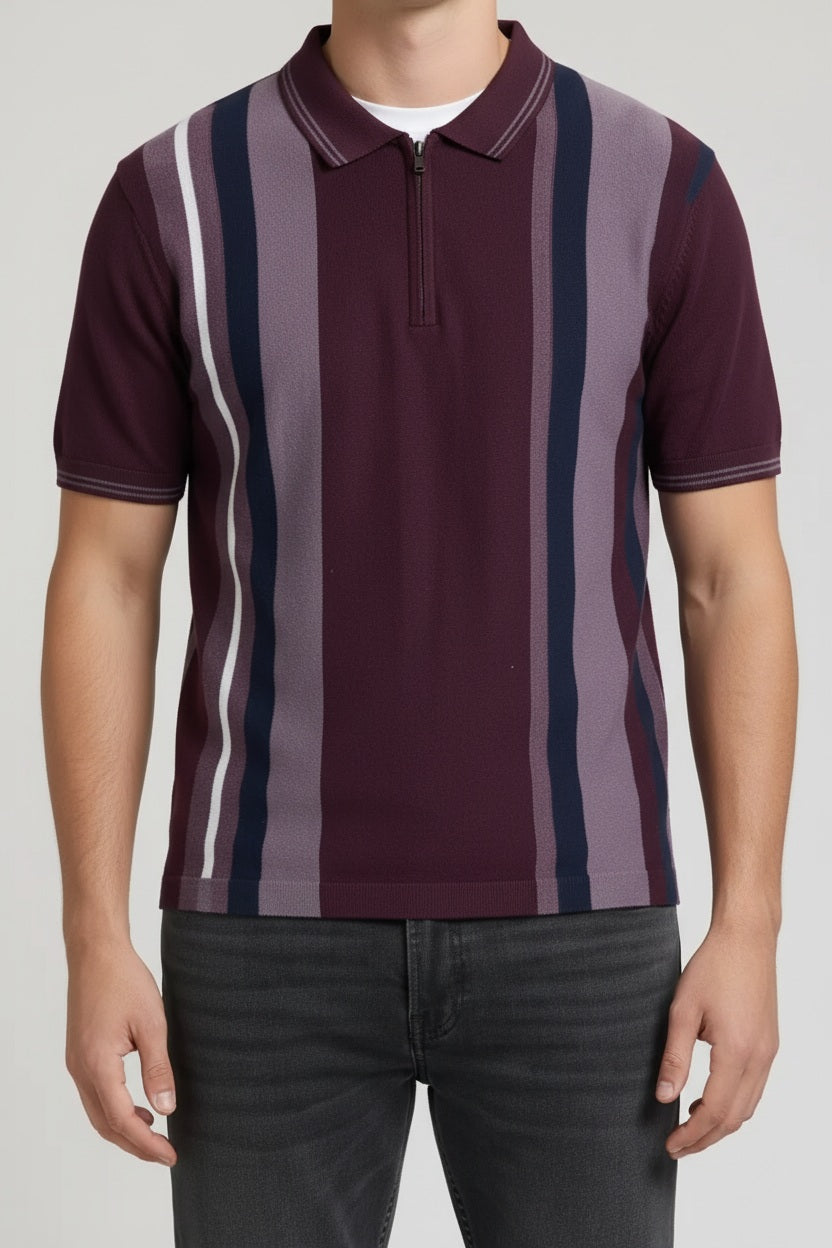 Men Wine Striped Polo Collar T-shirt