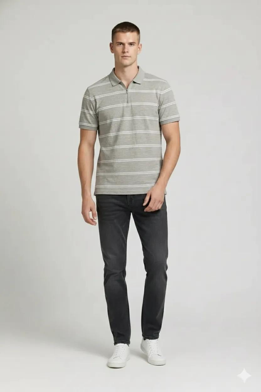 Men Linen Melange Striped Polo Collar T-shirt