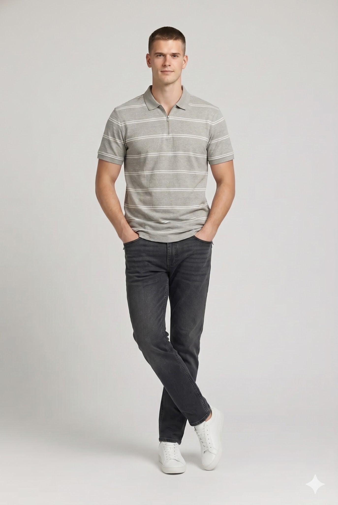Men Linen Melange Striped Polo Collar T-shirt