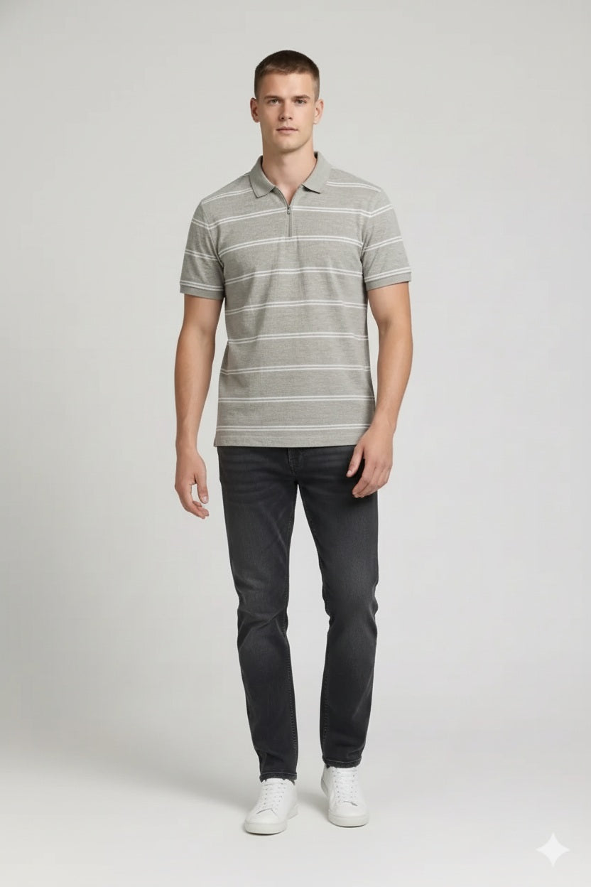 Men Linen Melange Striped Polo Collar T-shirt