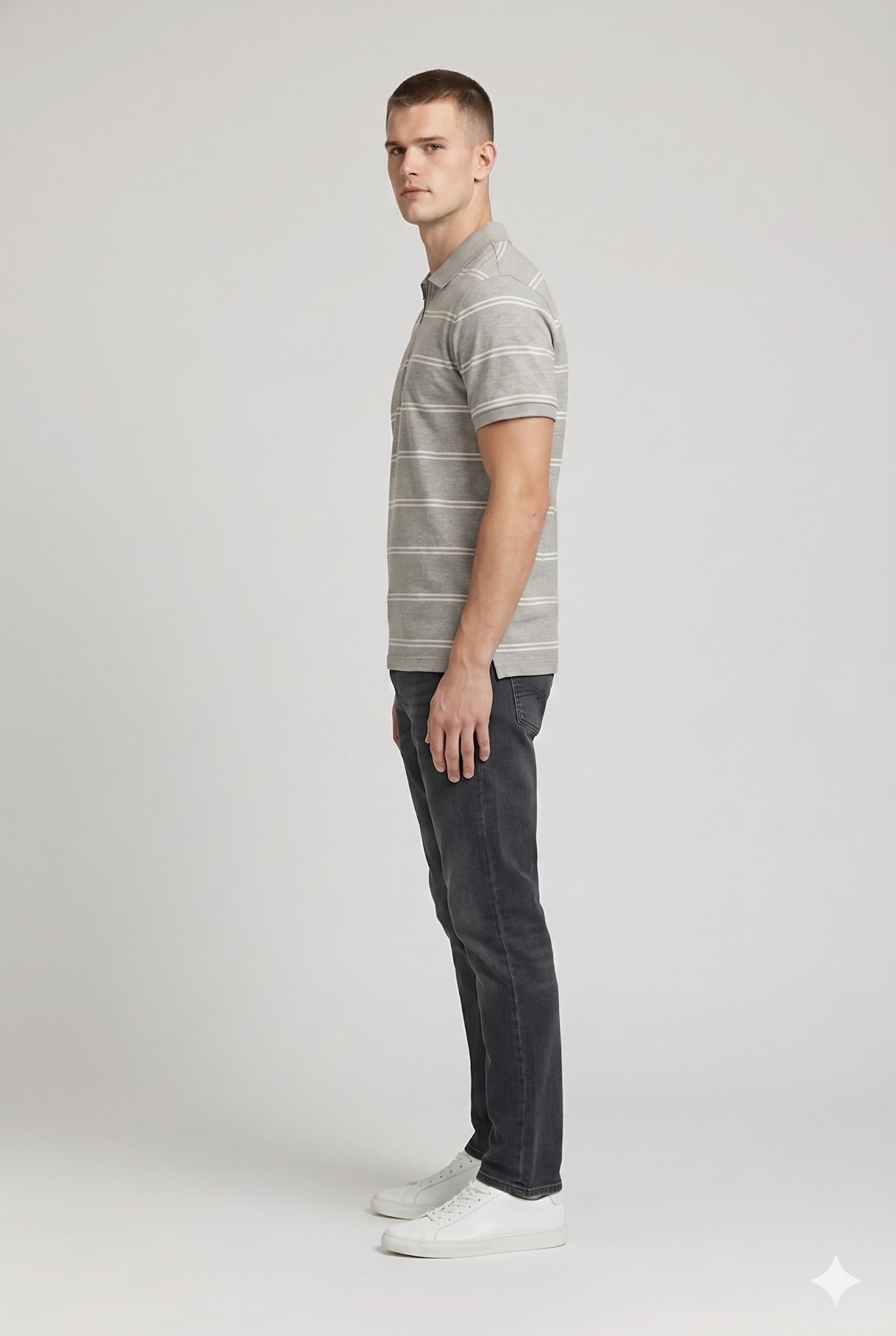 Men Linen Melange Striped Polo Collar T-shirt