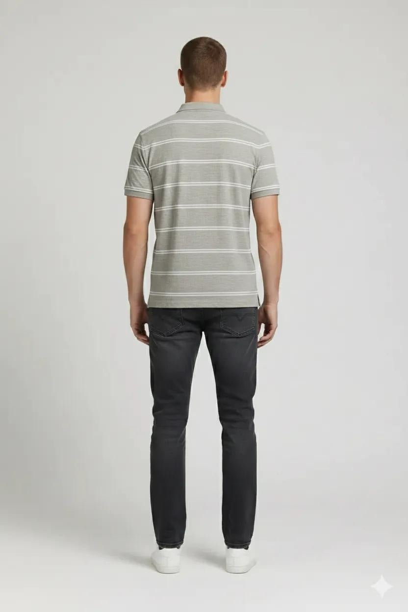 Men Linen Melange Striped Polo Collar T-shirt