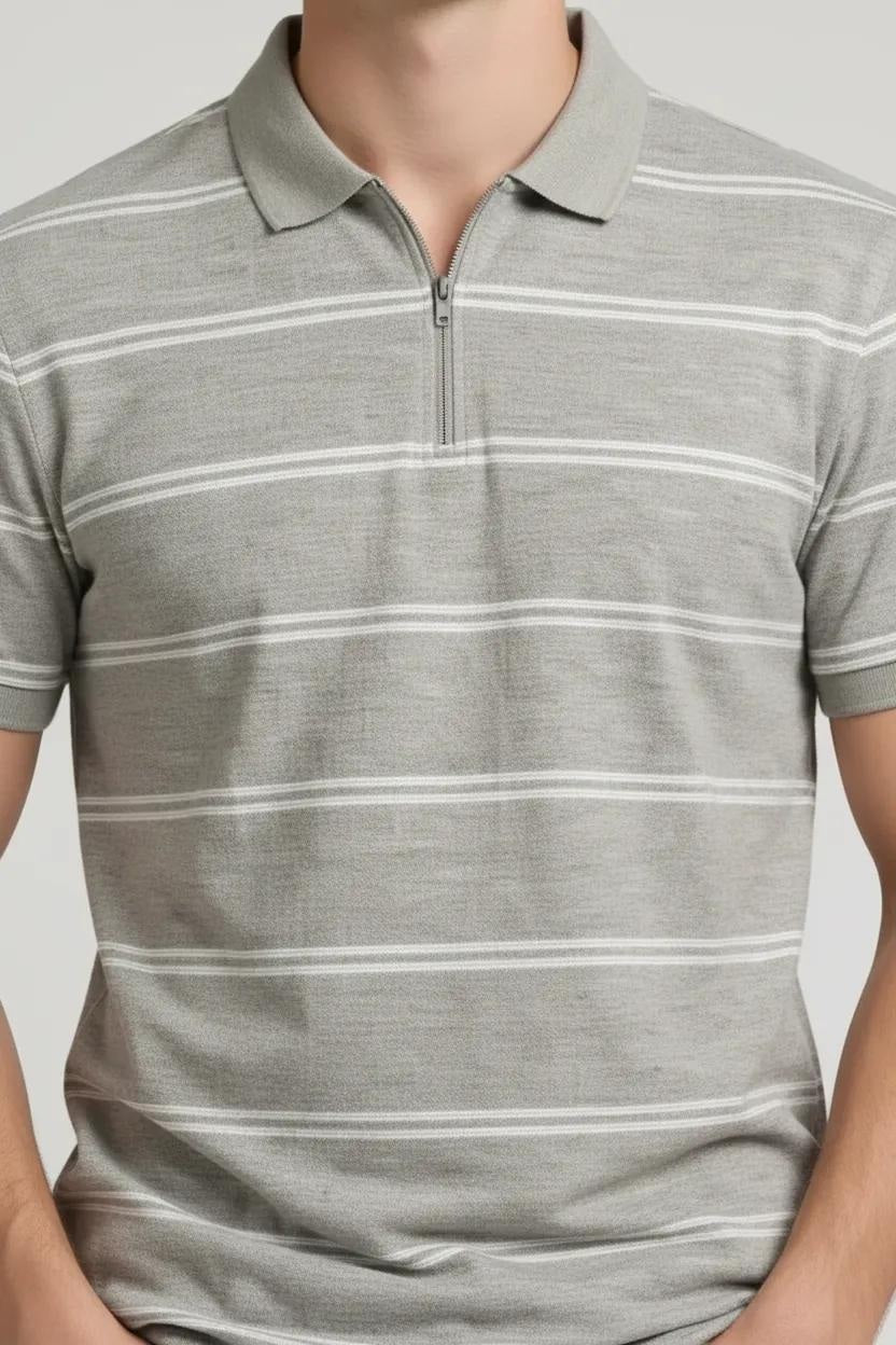 Men Linen Melange Striped Polo Collar T-shirt