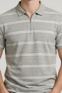 Men Linen Melange Striped Polo Collar T-shirt