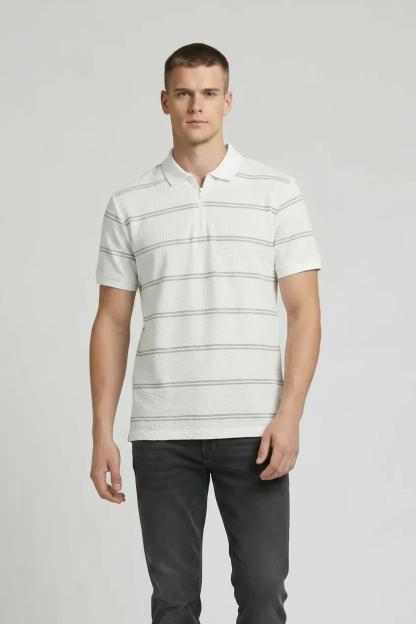 Men Off White Striped Polo Collar T-shirt