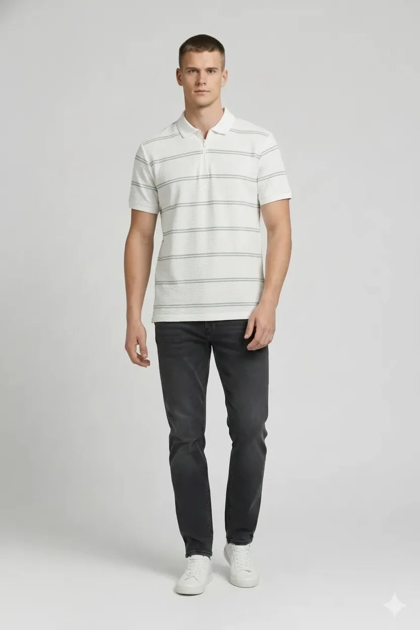 Men Off White Striped Polo Collar T-shirt