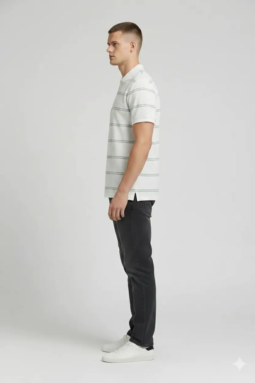 Men Off White Striped Polo Collar T-shirt