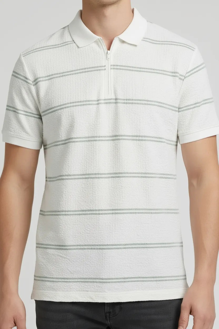 Men Off White Striped Polo Collar T-shirt