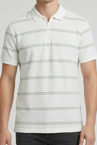 Men Off White Striped Polo Collar T-shirt
