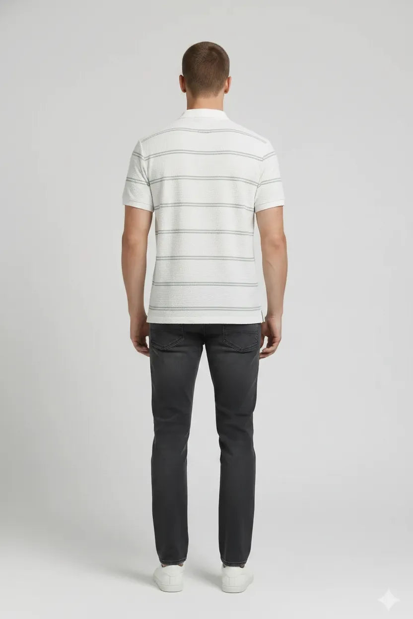 Men Off White Striped Polo Collar T-shirt