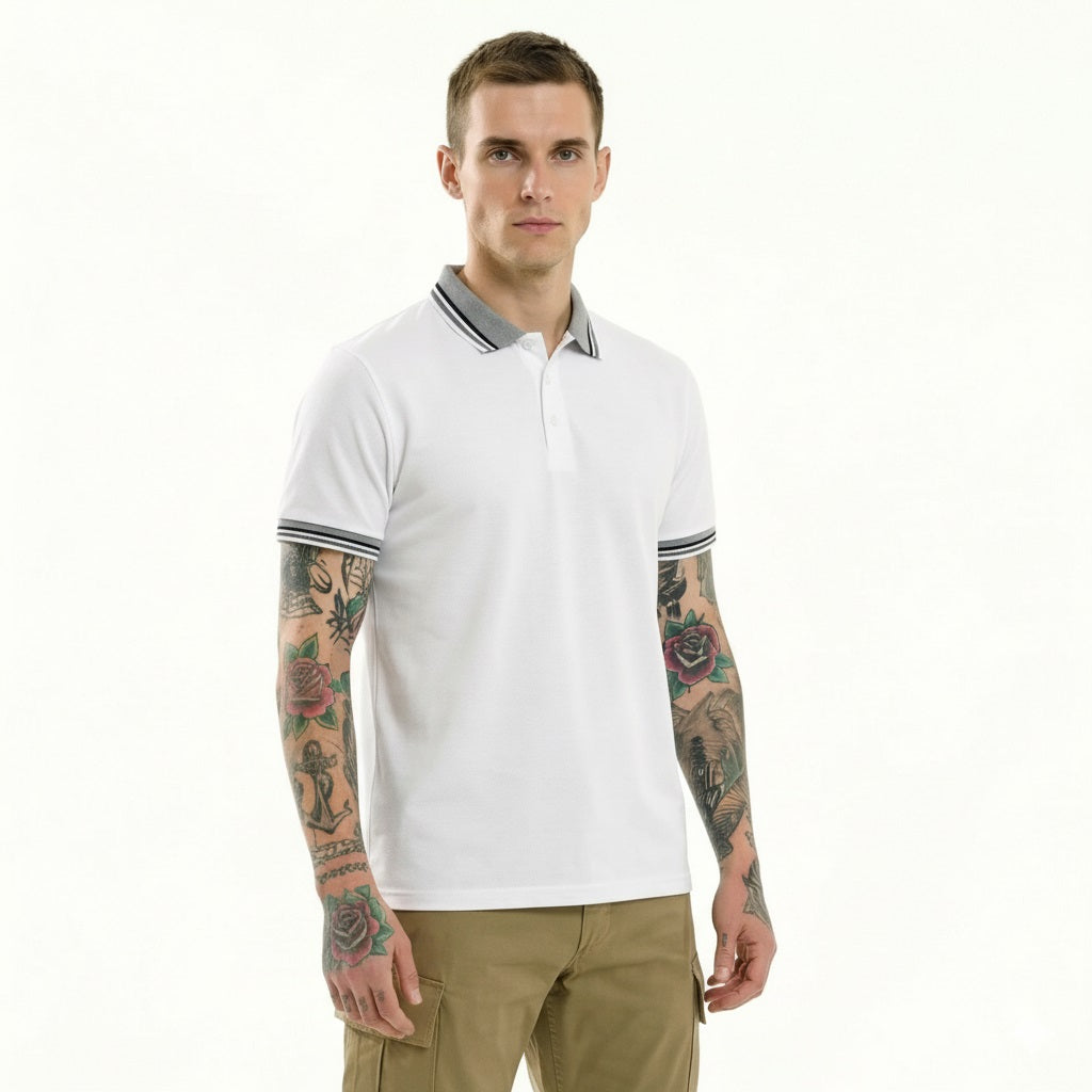 Men White Sold Polo Collar T-shirt