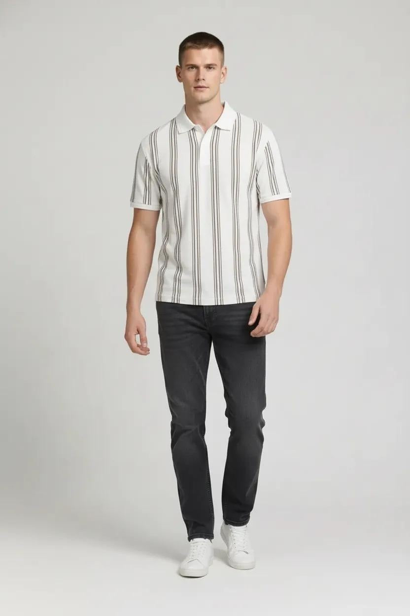 Octave Men Oil Green Striped Polo Collar T-shirt