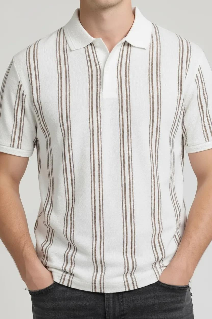 Octave Men Oil Green Striped Polo Collar T-shirt