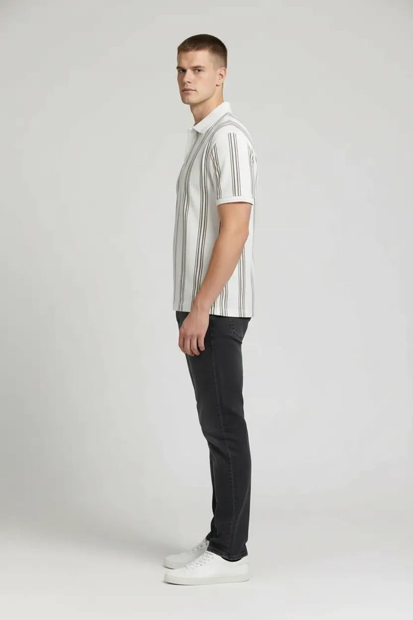 Octave Men Oil Green Striped Polo Collar T-shirt