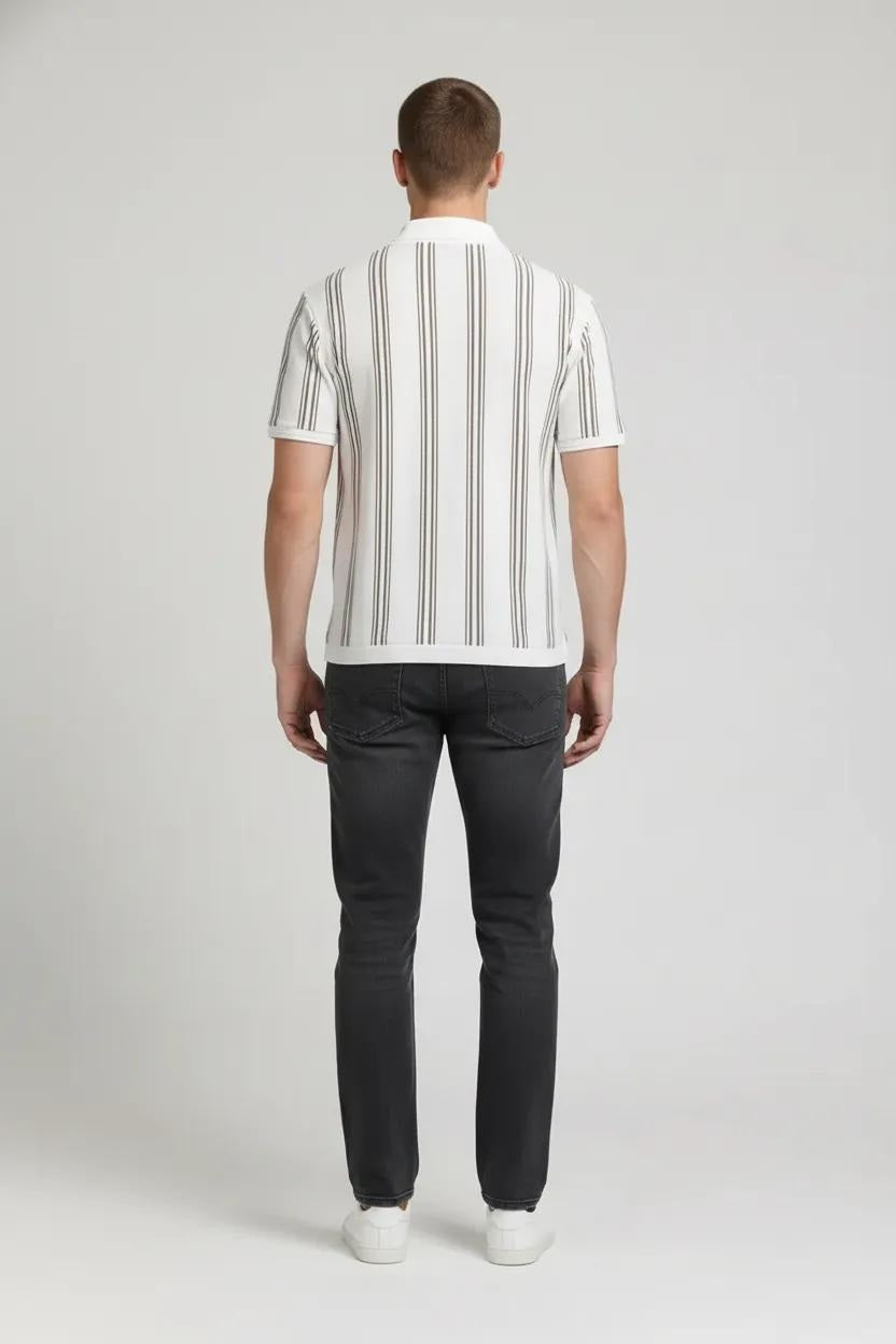 Octave Men Oil Green Striped Polo Collar T-shirt
