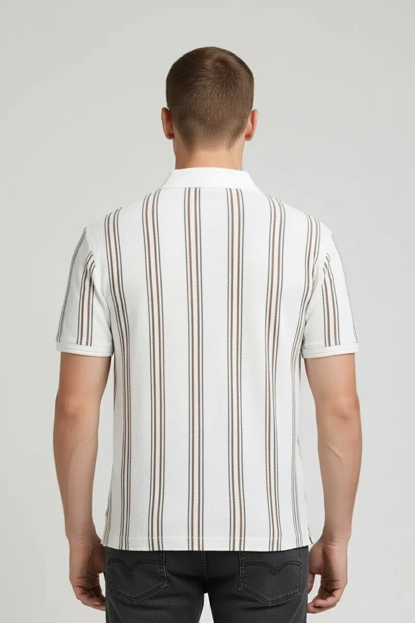 Octave Men Oil Green Striped Polo Collar T-shirt