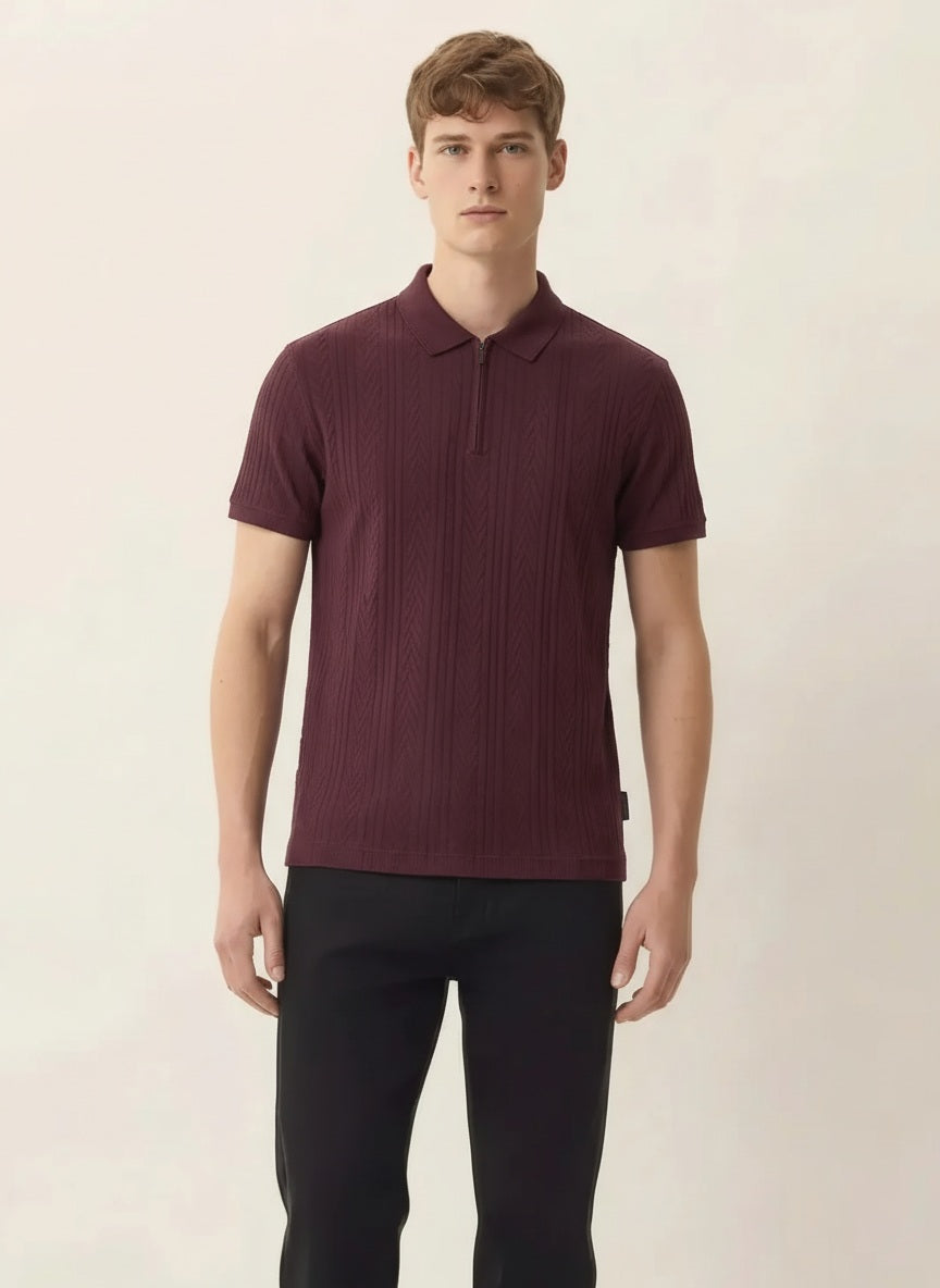 Men Wine Polo Collar Self Design T-shirt