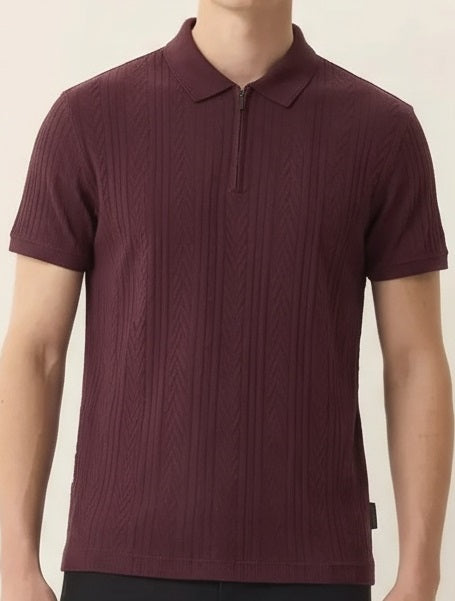 Men Wine Polo Collar Self Design T-shirt