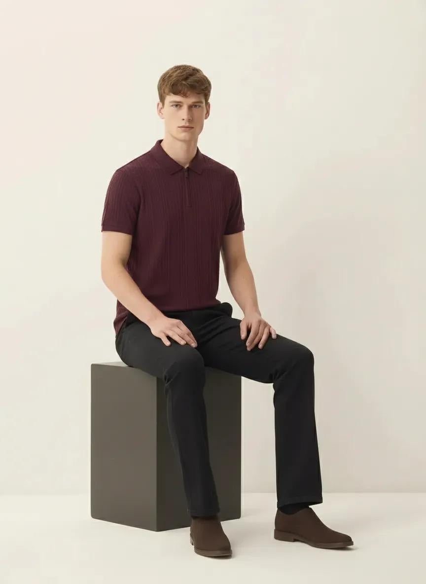 Men Wine Polo Collar Self Design T-shirt