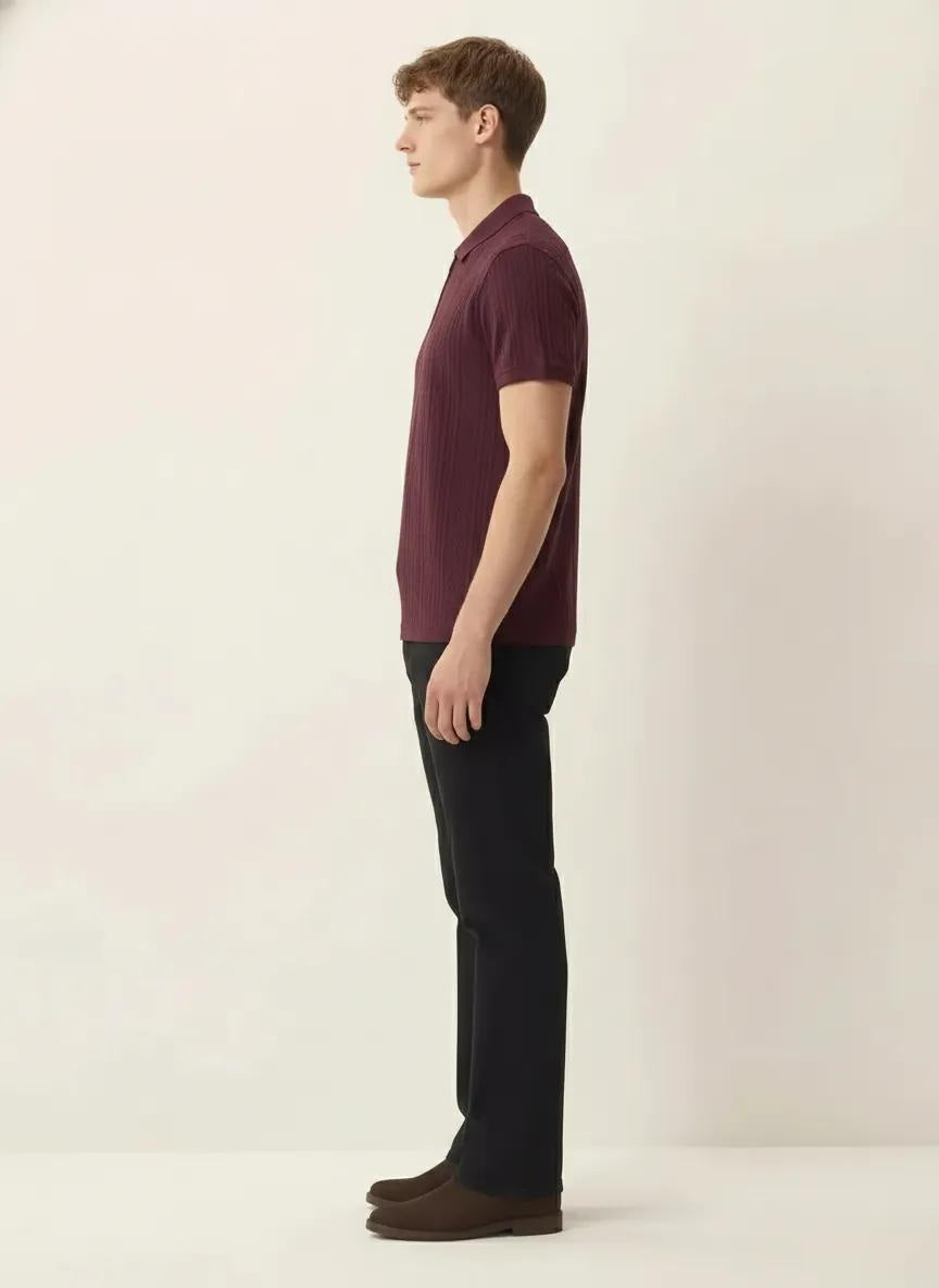 Men Wine Polo Collar Self Design T-shirt