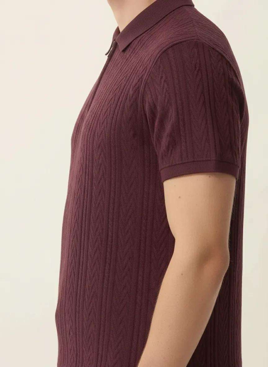 Men Wine Polo Collar Self Design T-shirt