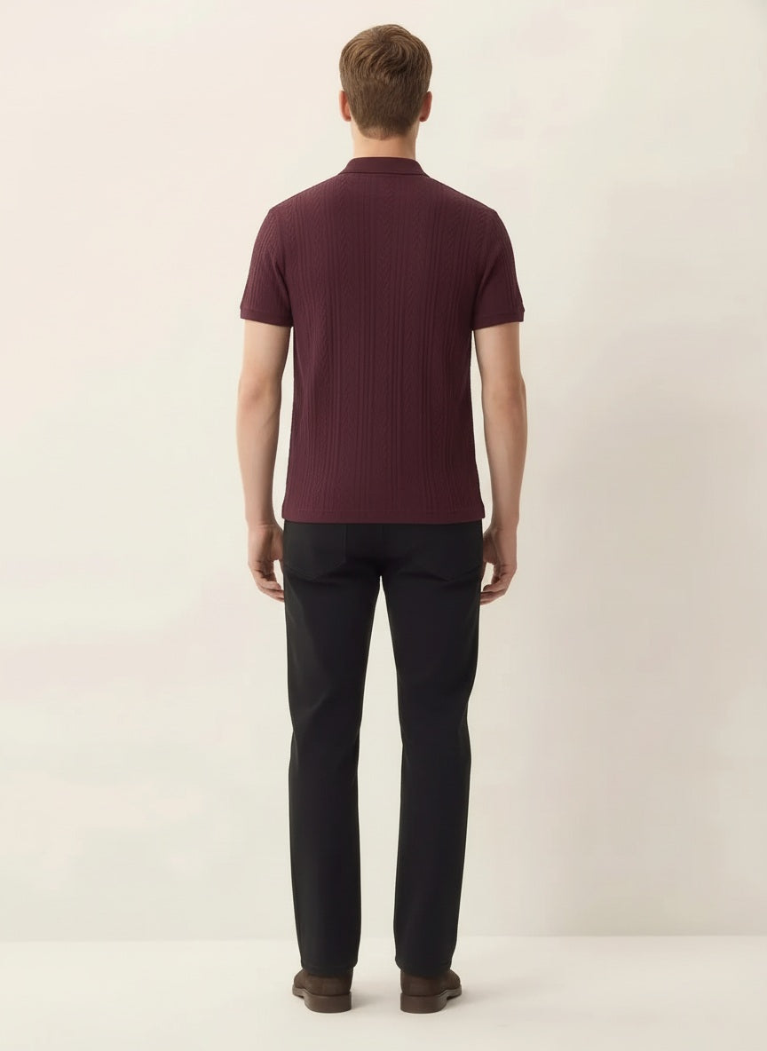 Men Wine Polo Collar Self Design T-shirt