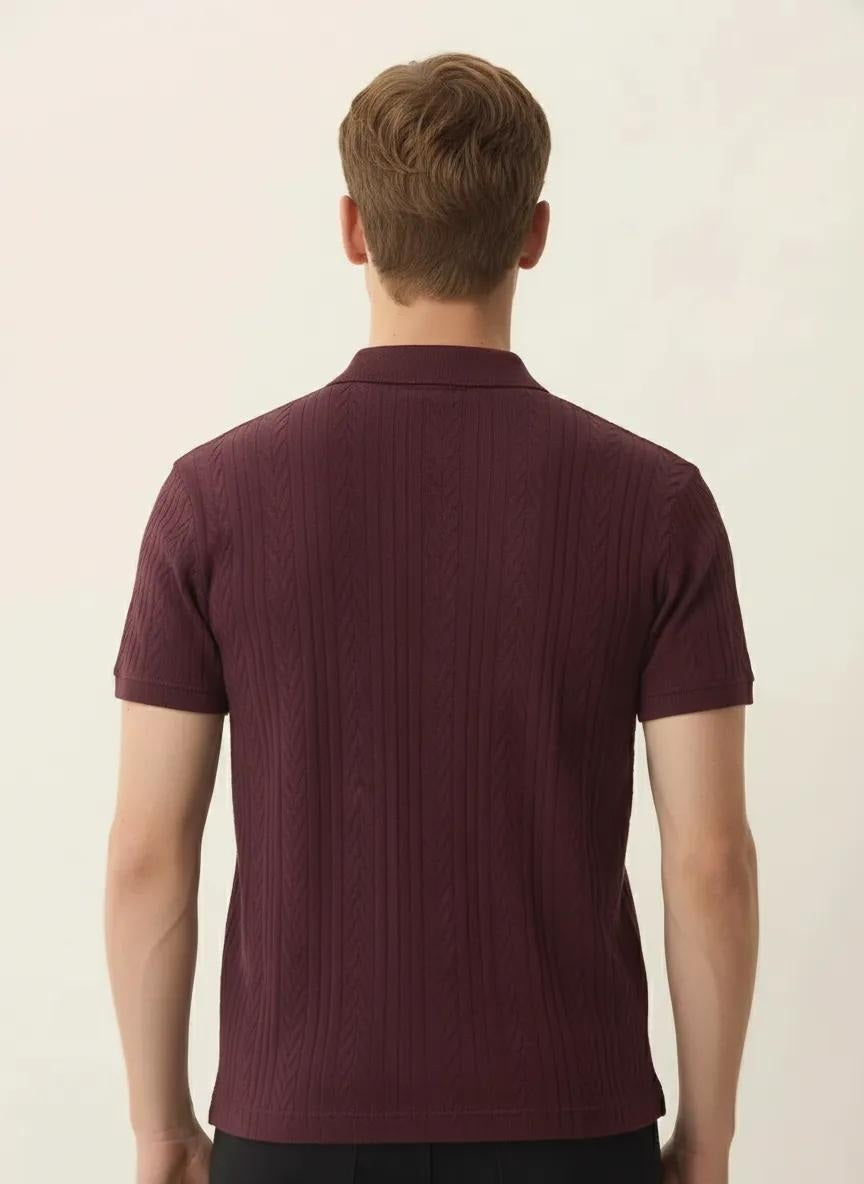 Men Wine Polo Collar Self Design T-shirt