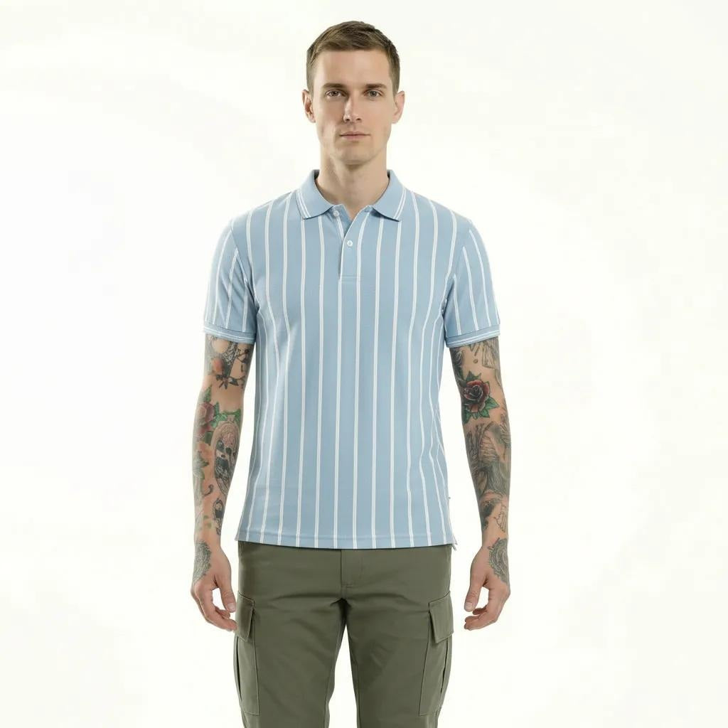 Men Sky Striped Polo Collar T-shirt
