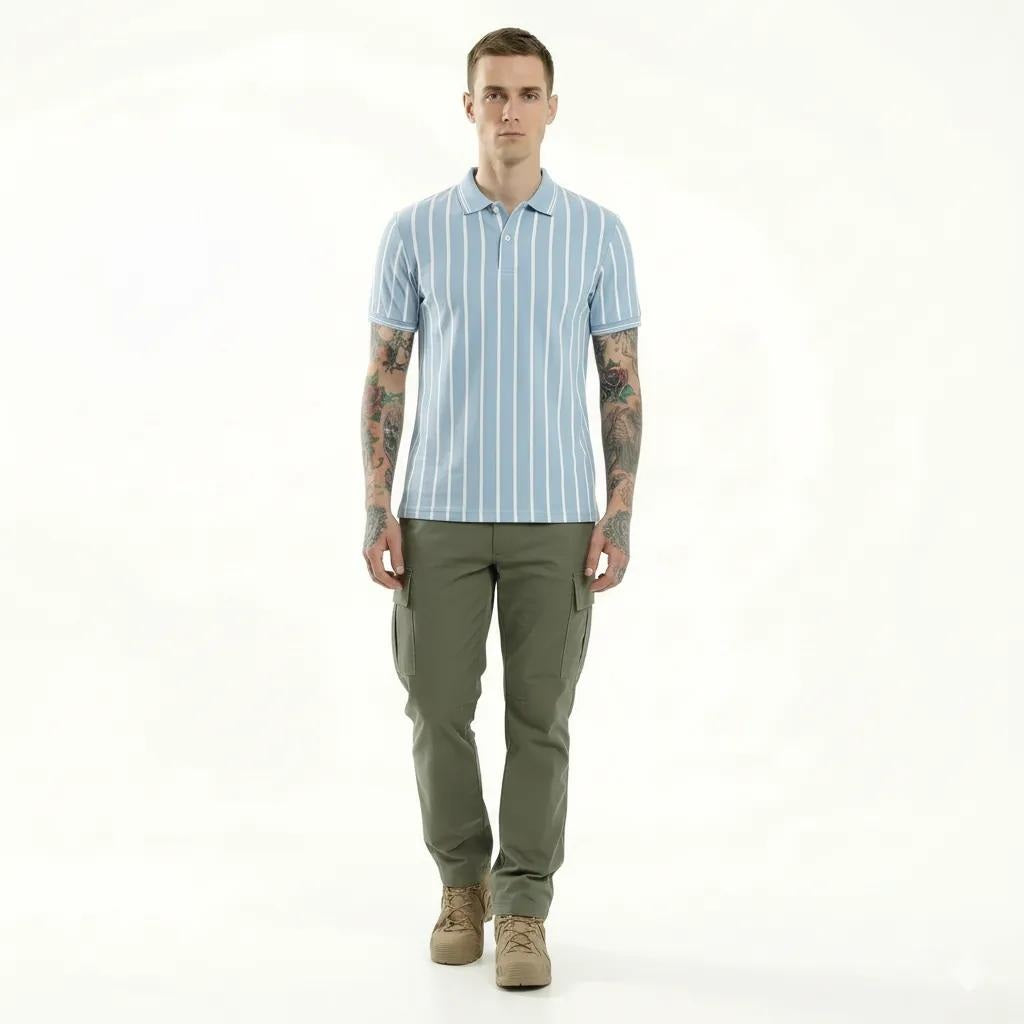 Men Sky Striped Polo Collar T-shirt