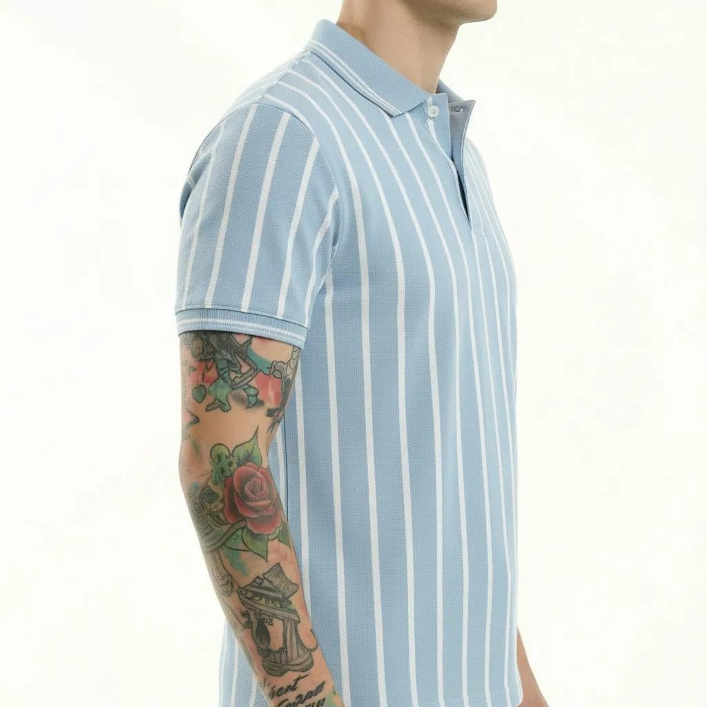 Men Sky Striped Polo Collar T-shirt