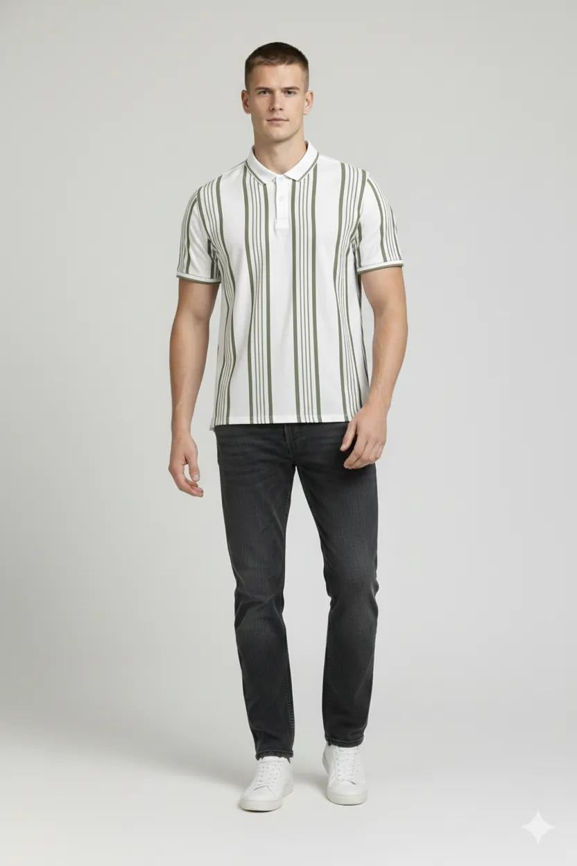 Men Oil Green Striped Polo Collar T-shirt