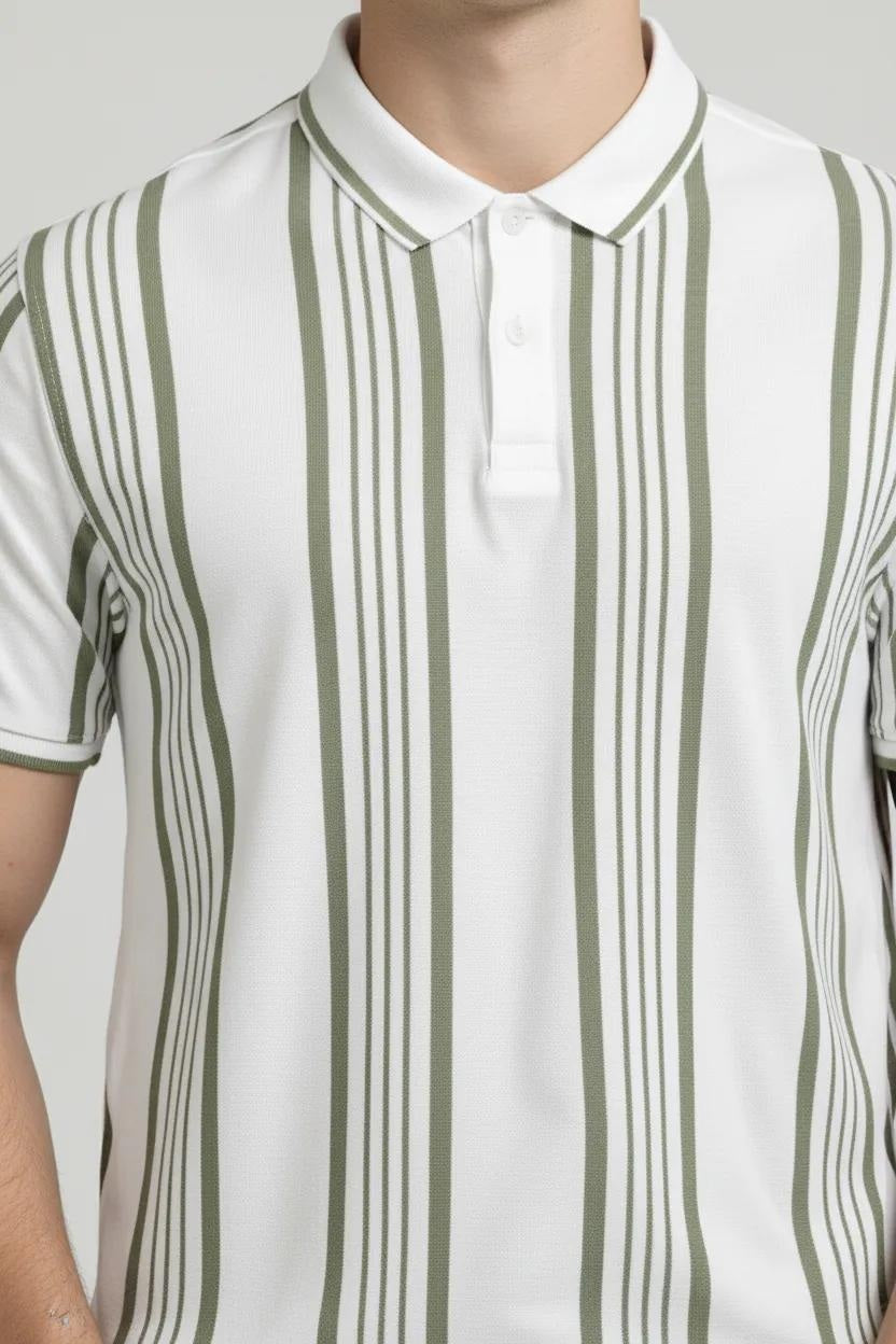 Men Oil Green Striped Polo Collar T-shirt