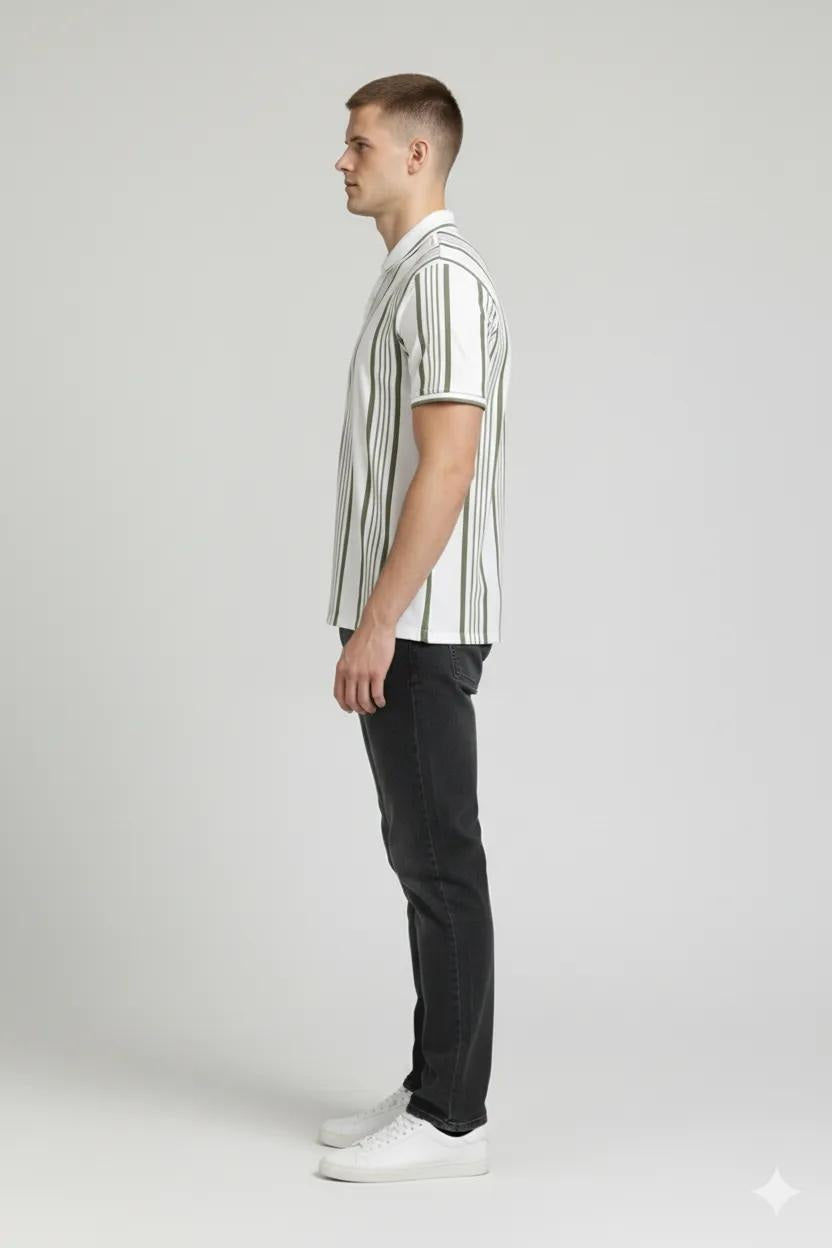Men Oil Green Striped Polo Collar T-shirt