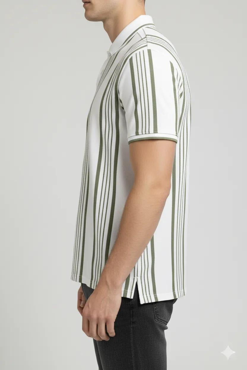 Men Oil Green Striped Polo Collar T-shirt
