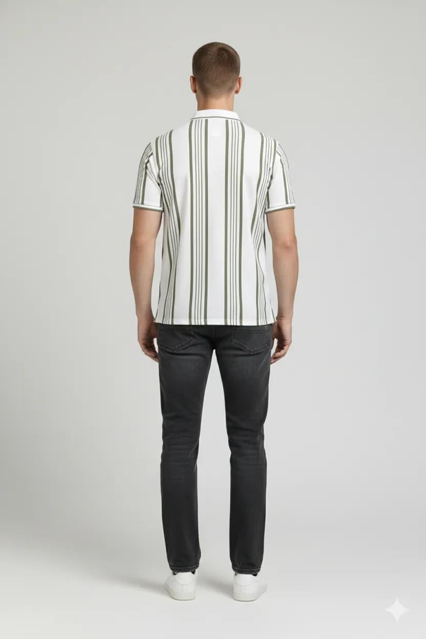 Men Oil Green Striped Polo Collar T-shirt