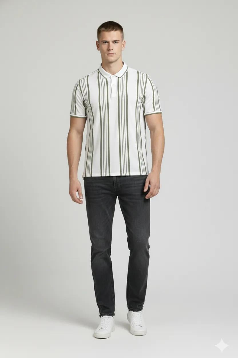 Men Oil Green Striped Polo Collar T-shirt