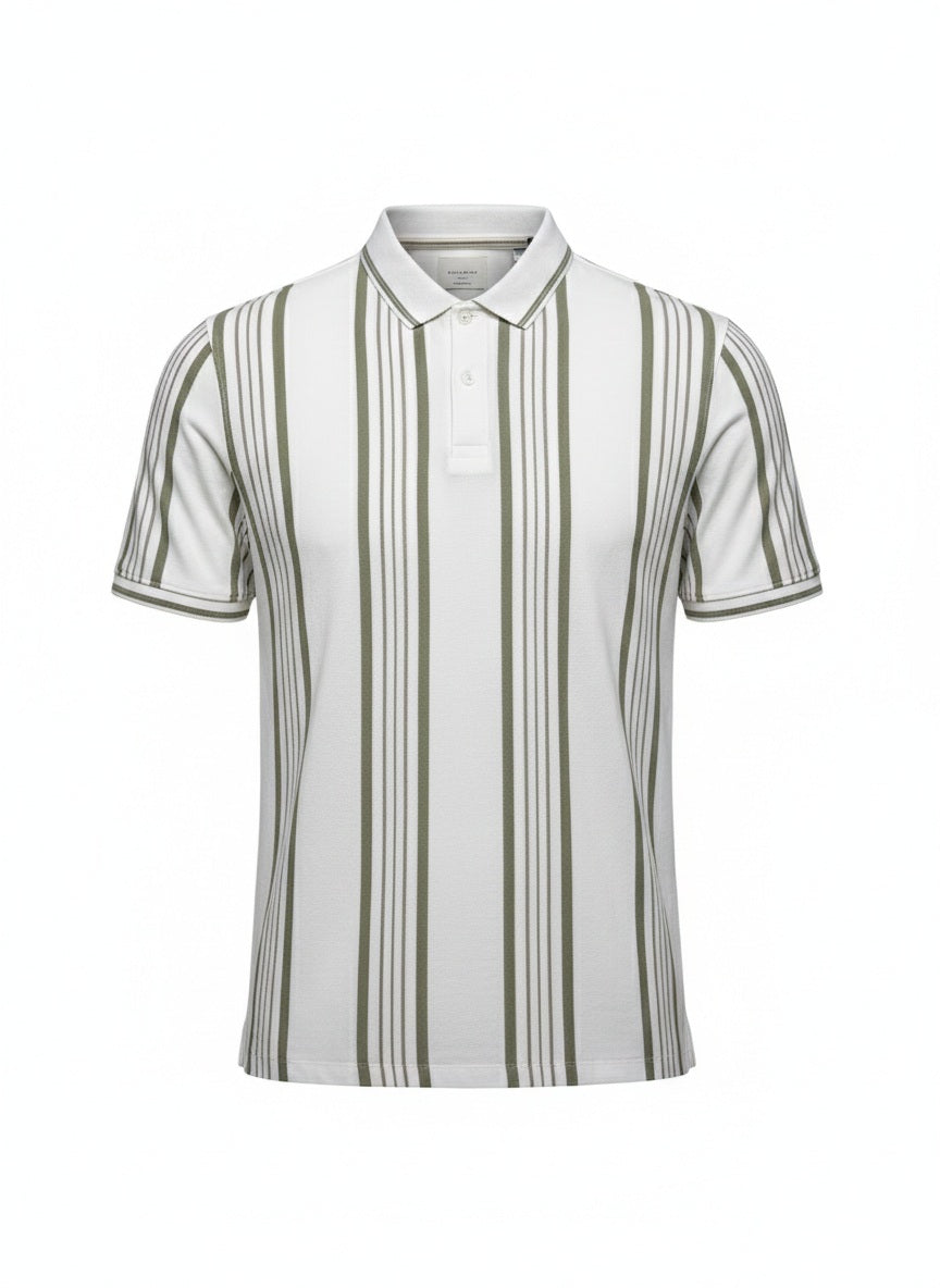 Men Oil Green Striped Polo Collar T-shirt