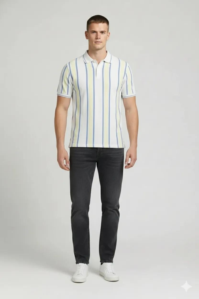 Men Sky Striped Polo Collar T-shirt