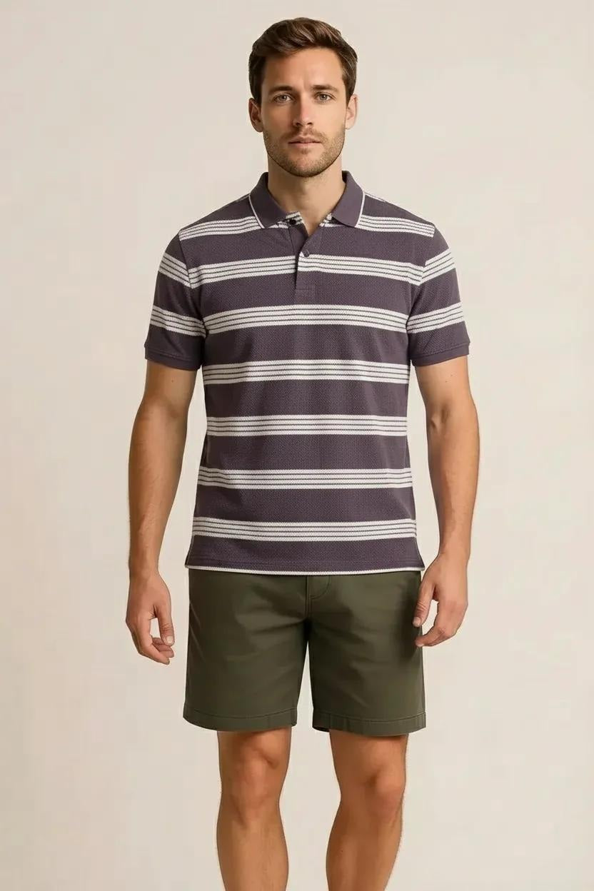 Octave Men Black Currant Striped Polo Collar T-shirt