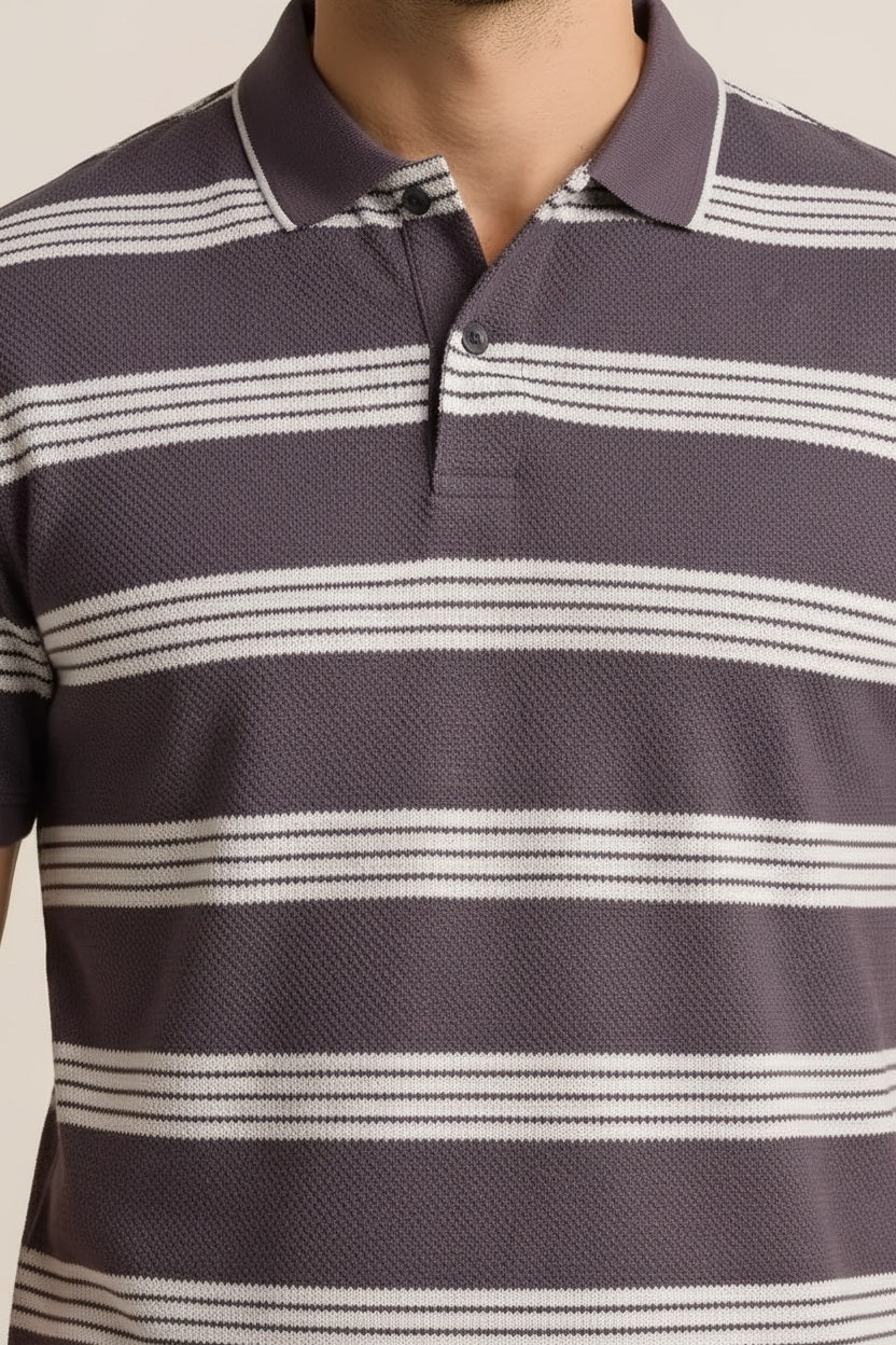 Octave Men Black Currant Striped Polo Collar T-shirt