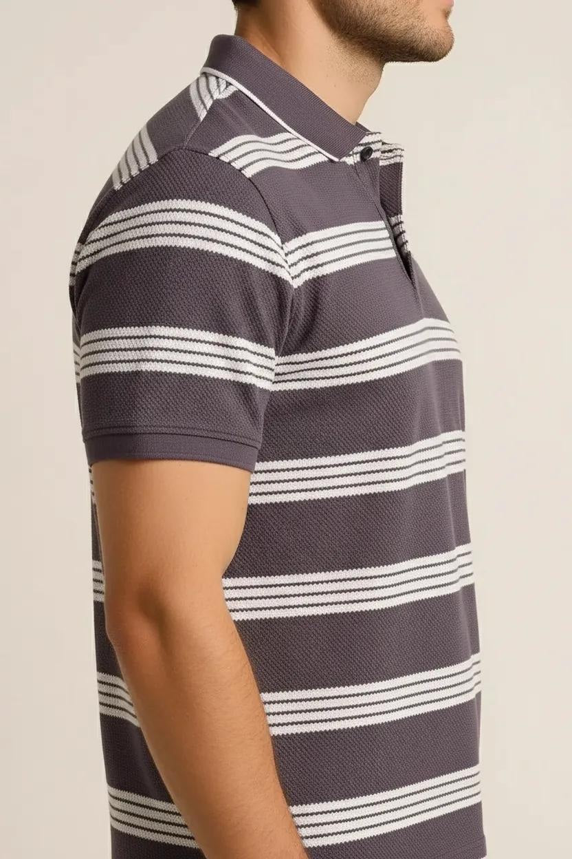 Octave Men Black Currant Striped Polo Collar T-shirt