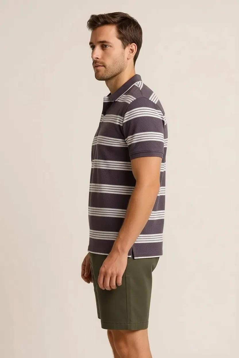 Octave Men Black Currant Striped Polo Collar T-shirt