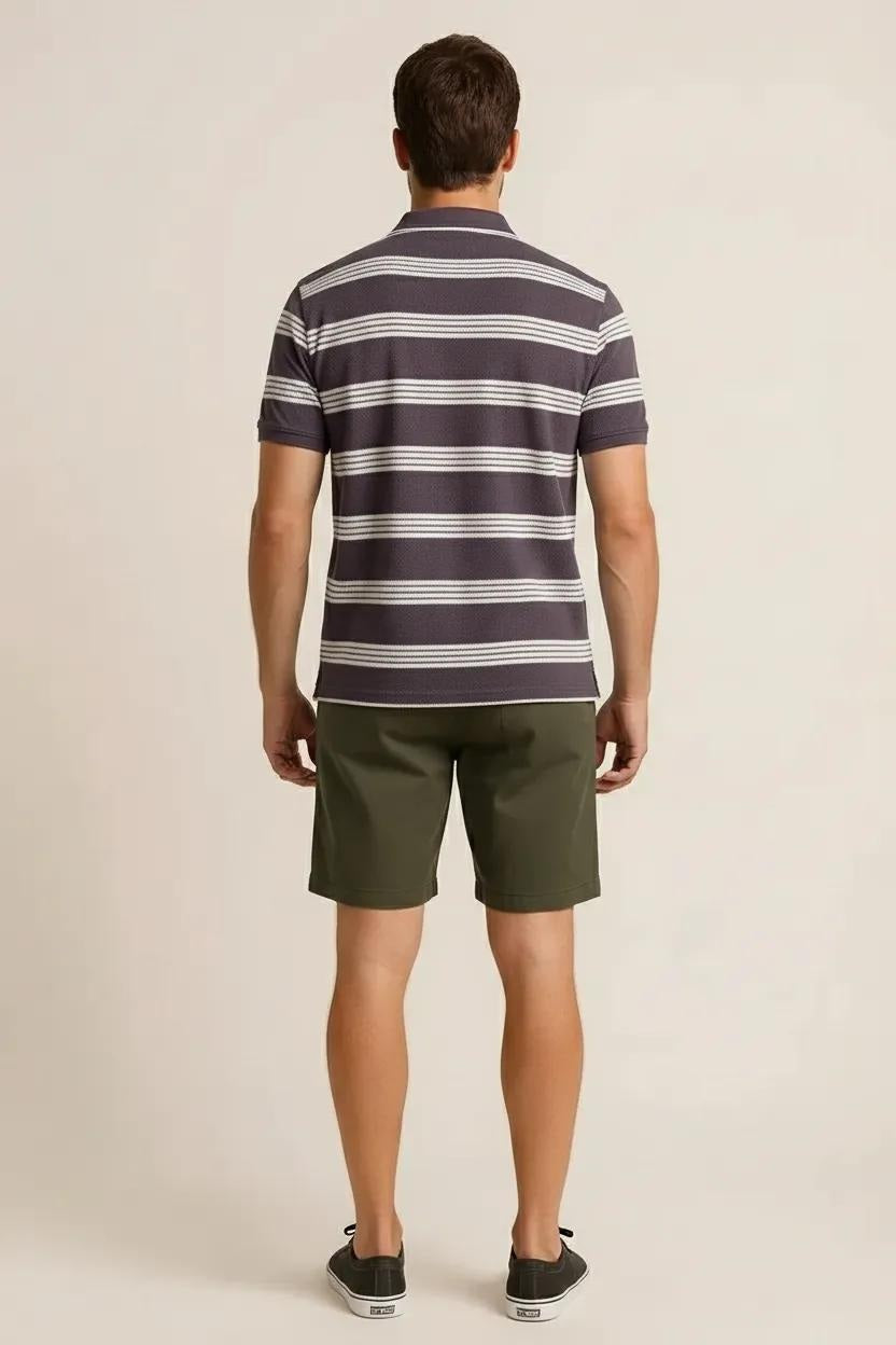 Octave Men Black Currant Striped Polo Collar T-shirt